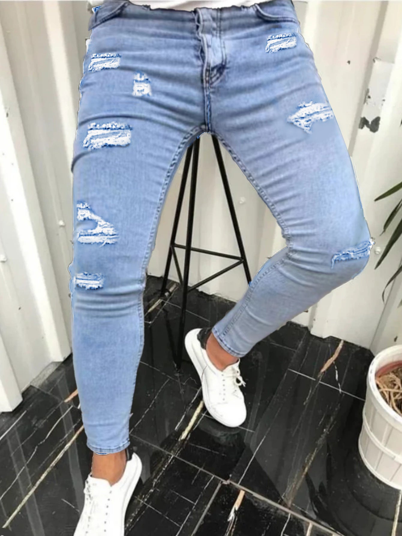 Teens Tight Ripped Trendy Skinny Solid Color Simple Denim Trousers