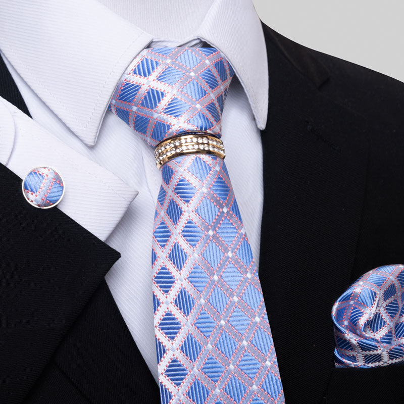 Multi Colored Striped Floral Mens Tie with Pocket Towel, Cufflinks and Tie Ring