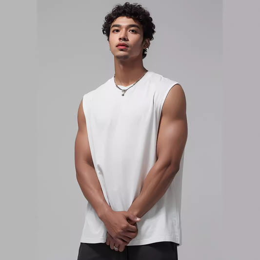 Mens Sleeveless Tank Top Simple Solid-Color Loose T-Shirt