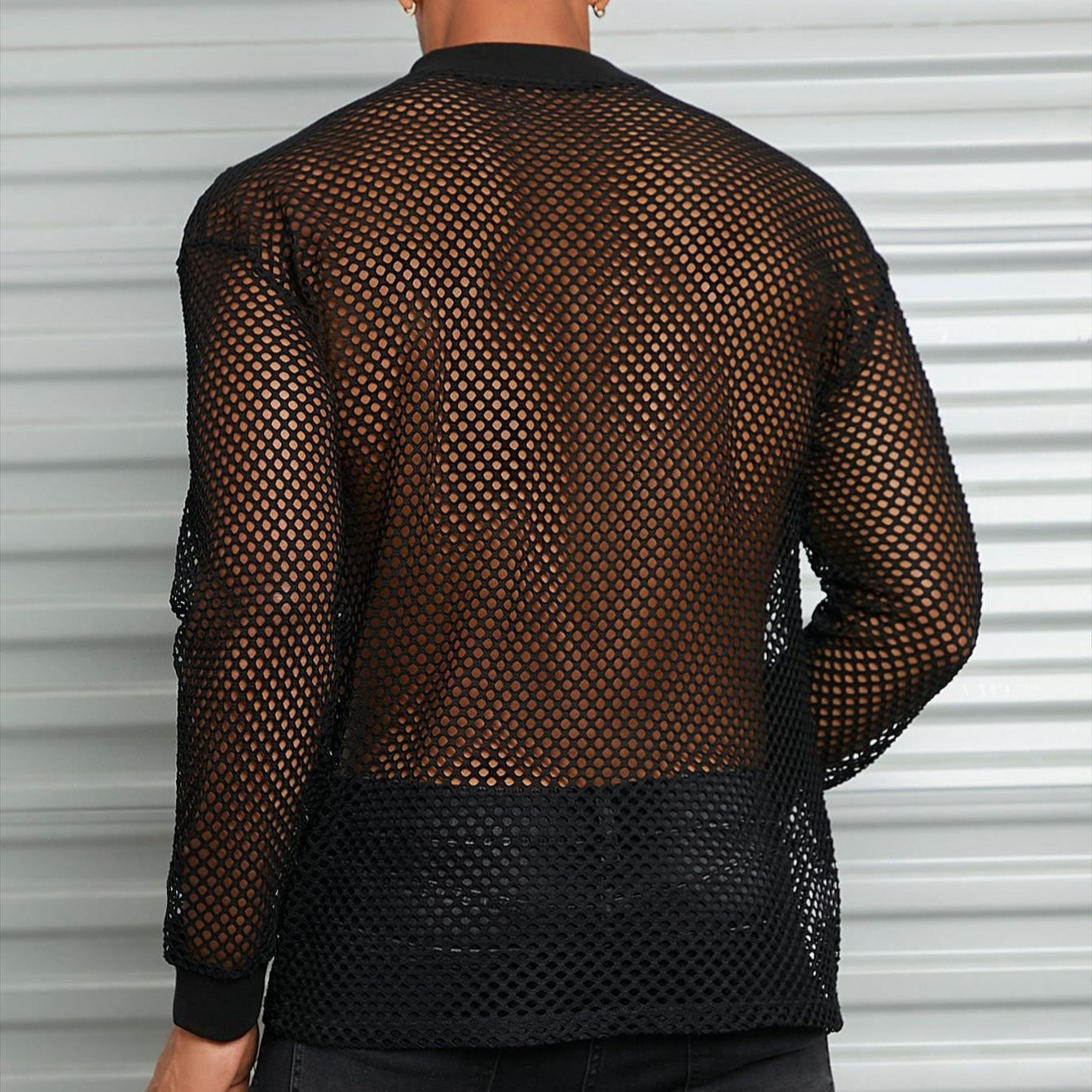Men's Drop Shoulder See-through Mesh Hollow Bottoming Shirt Fashion