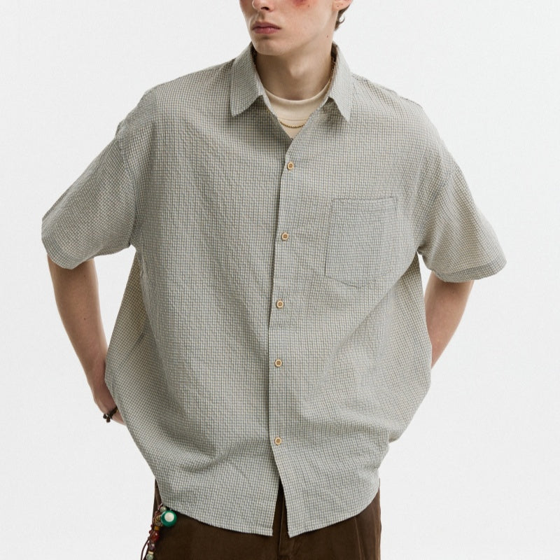 Seersucker Lapel Plaid Shirt Summer Casual Loose Size: S, M, L, XL,2XL