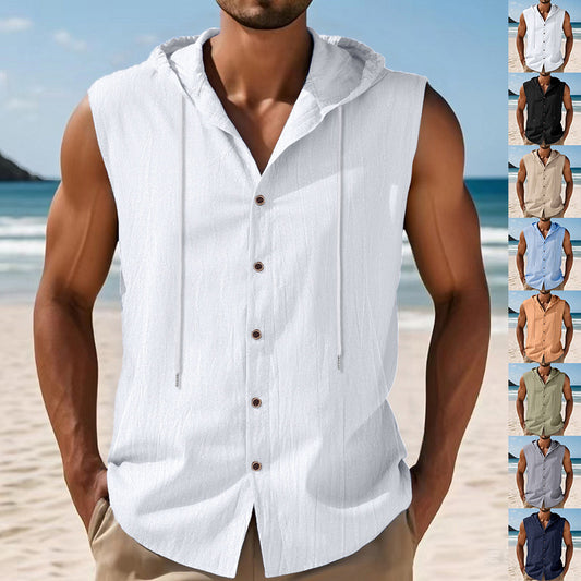 Mens Sleeveless Linen Hooded Shirt Sizes: S, M, L, XL, XXL, XXXL