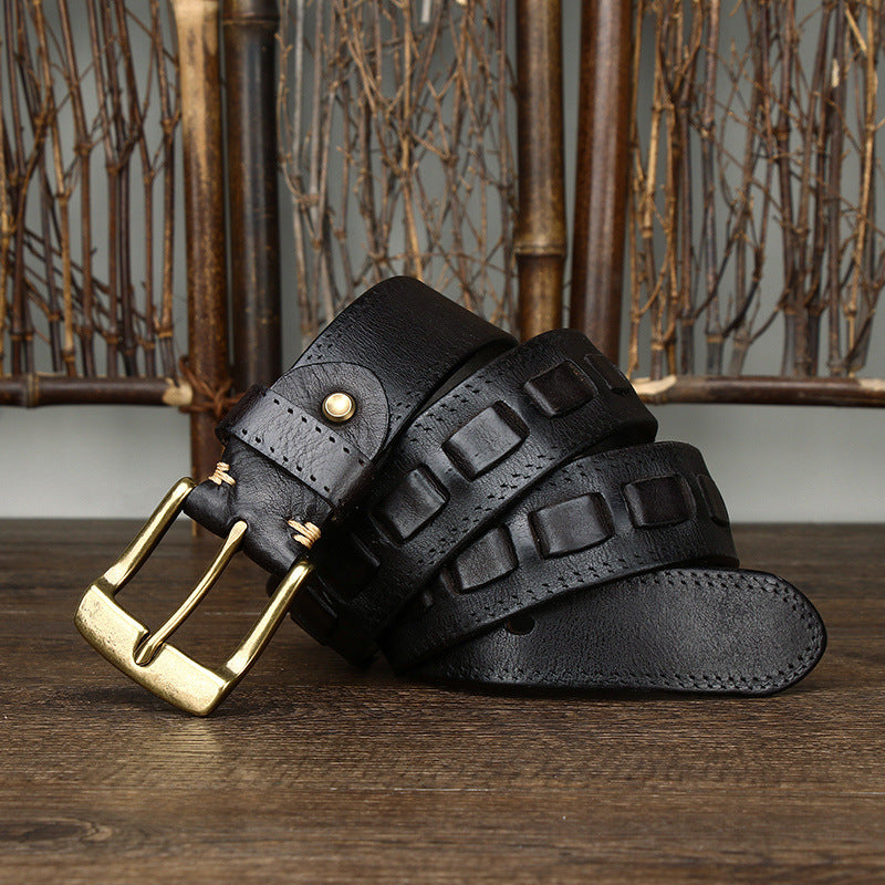 Retro Men's Belt In Genuine Leather With Brass Buckle, Length: 100cm-130cm