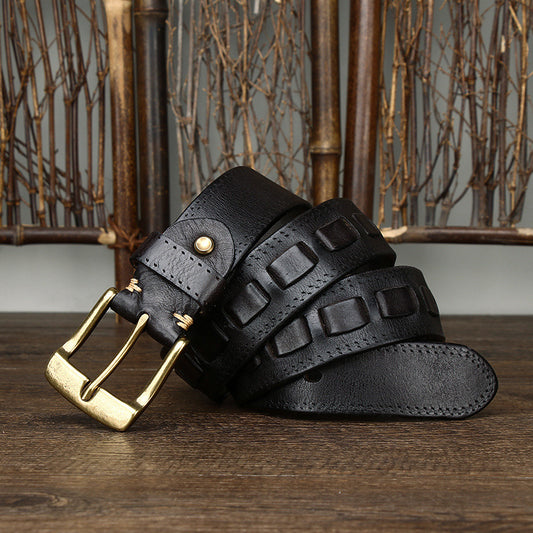 Retro Men's Belt In Genuine Leather With Brass Buckle, Length: 100cm-130cm