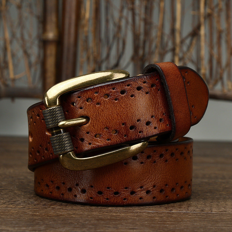 Hollowed-out First-layer Cowhide Pin-buckle Belt For Men genuine Leather Belt For Jeans, Length 100cm-125cm