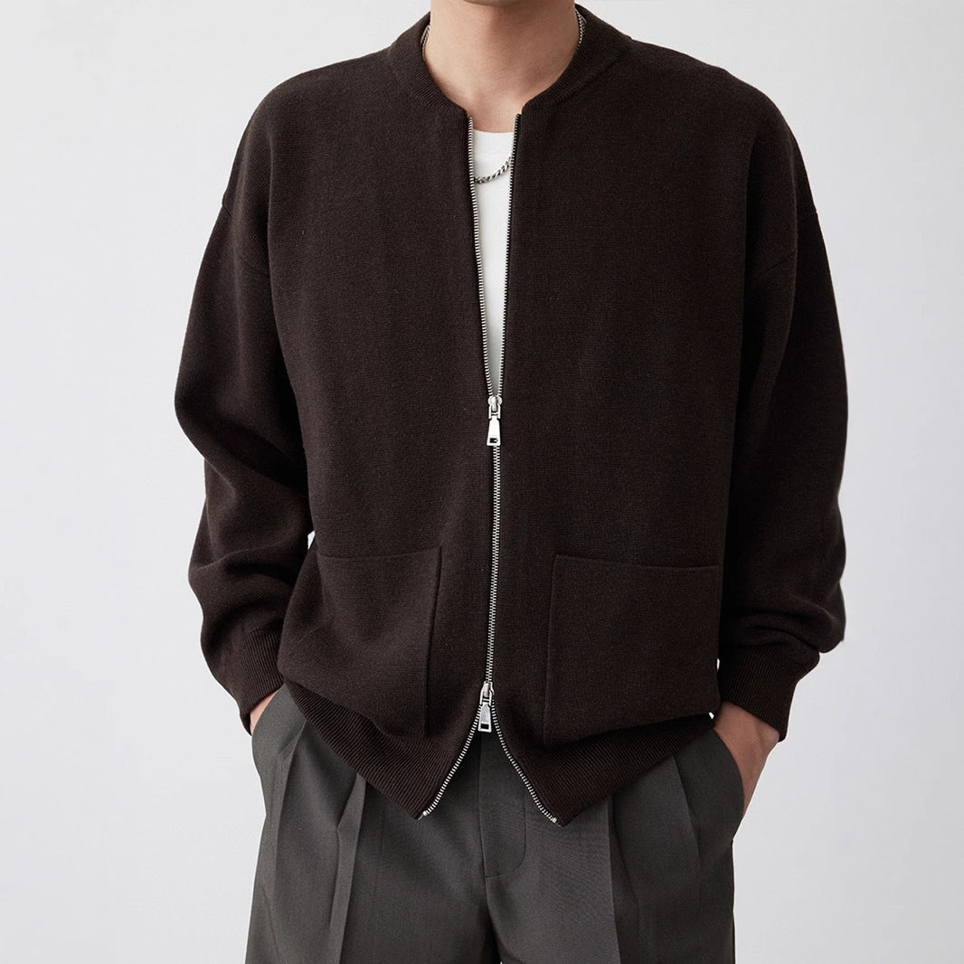 Heavy Two-way Zipper Knitted Cardigan Simple Casual Baseball Collar Sweater