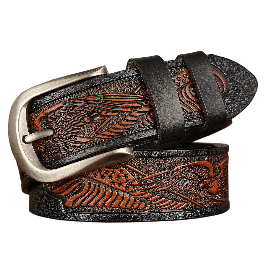 Men's Cut Cowhide Carved Belt, Size: 110cm - 130cm