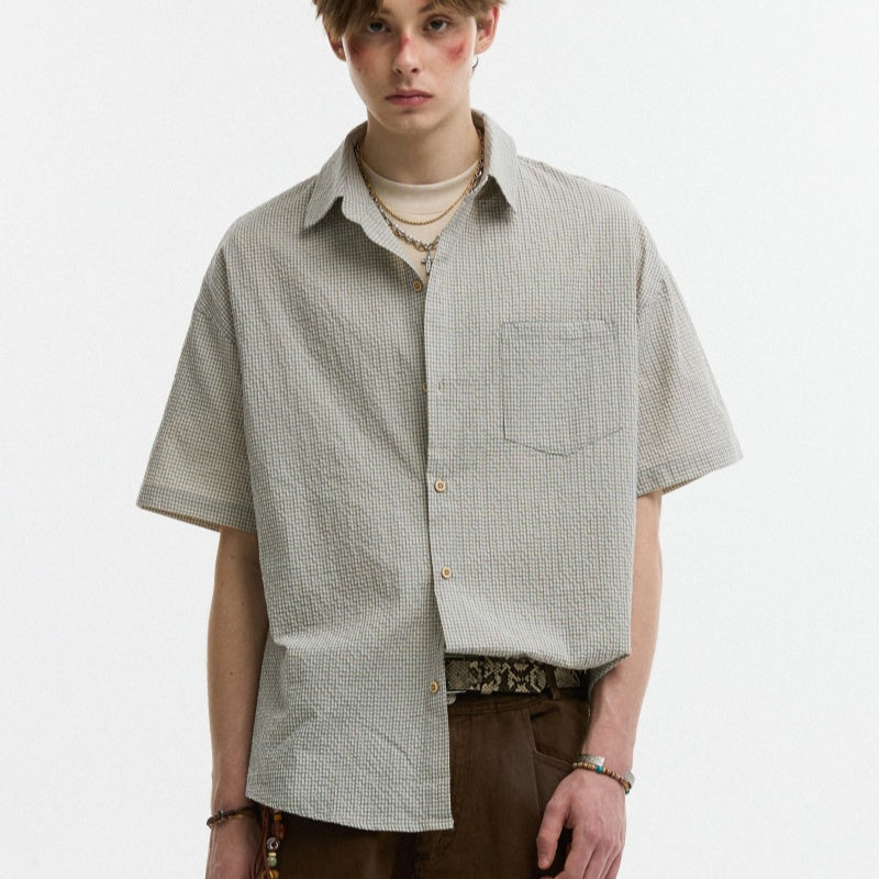 Seersucker Lapel Plaid Shirt Summer Casual Loose Size: S, M, L, XL,2XL