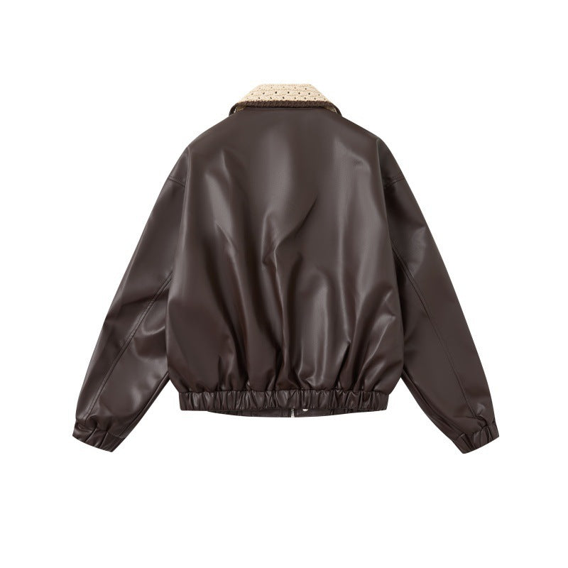 Color-blocked, Lapel-collar, Loose-fitting, Versatile, Trendy PU Leather Jacket For Couples