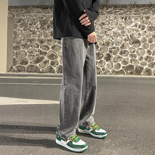 Smoke Gray Men's Loose Wide-leg Straight Jeans - Youth to 5XL