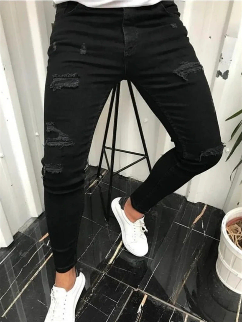 Teens Tight Ripped Trendy Skinny Solid Color Simple Denim Trousers