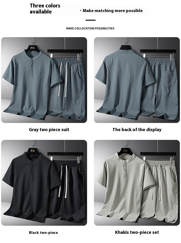 Men's National Style Cotton And Linen Casual Shorts Short Sleeve Two-piece Set Size L - 8XL