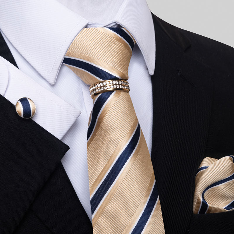 Multi Colored Striped Floral Mens Tie with Pocket Towel, Cufflinks and Tie Ring
