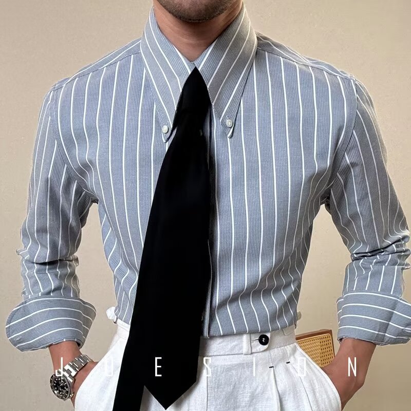 Mens Retro Casual White Striped Long-Sleeve Shirt Sizes: M, L, XL, 2XL, 3XL