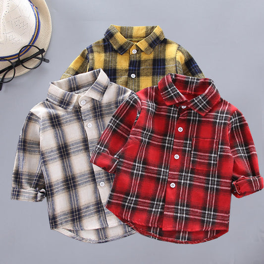 Boys And Girls Plaid Shirts Style Loose Lapel Long Sleeves