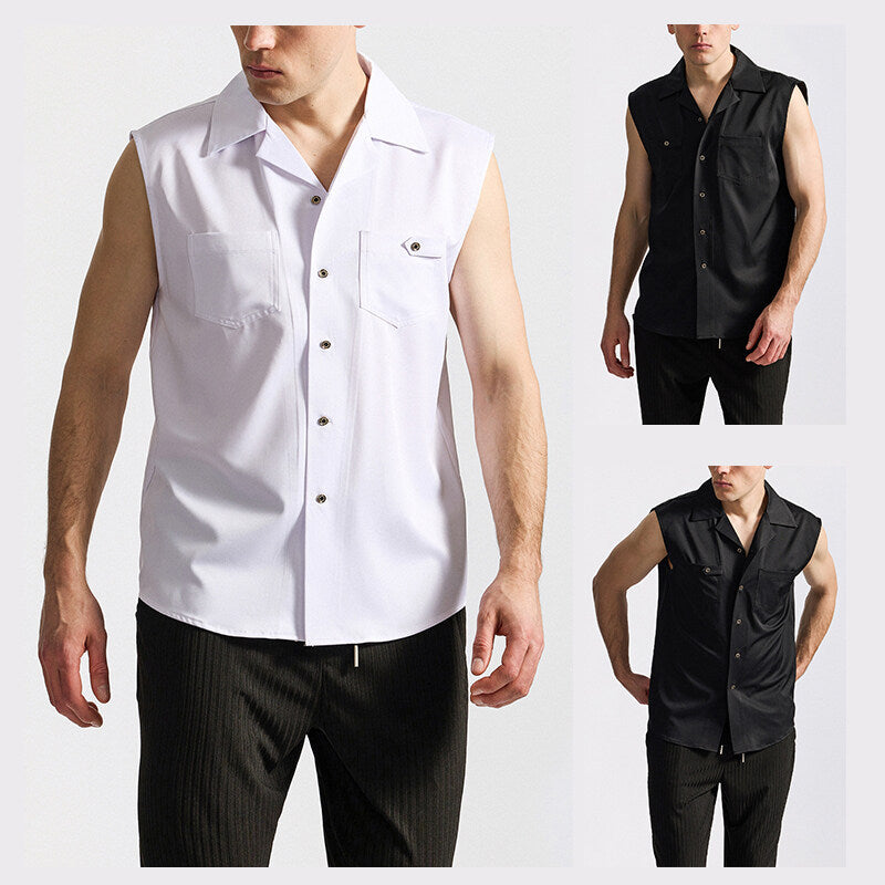 Men's Sleeveless Lapel Shirt European Fashion Brand Size: S,M,L,XL,2XL