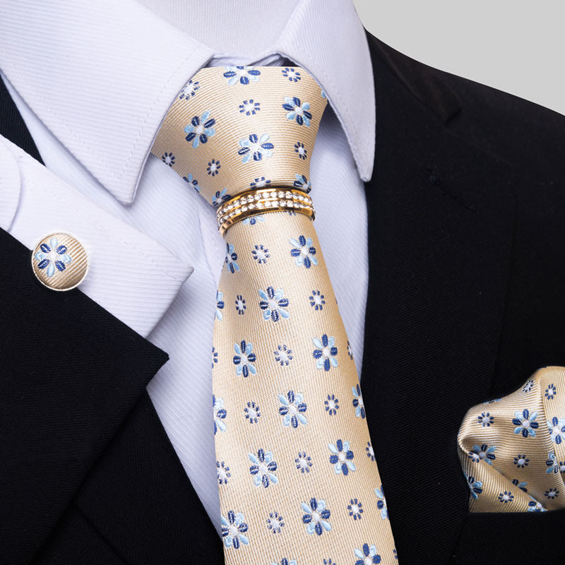 Multi Colored Striped Floral Mens Tie with Pocket Towel, Cufflinks and Tie Ring