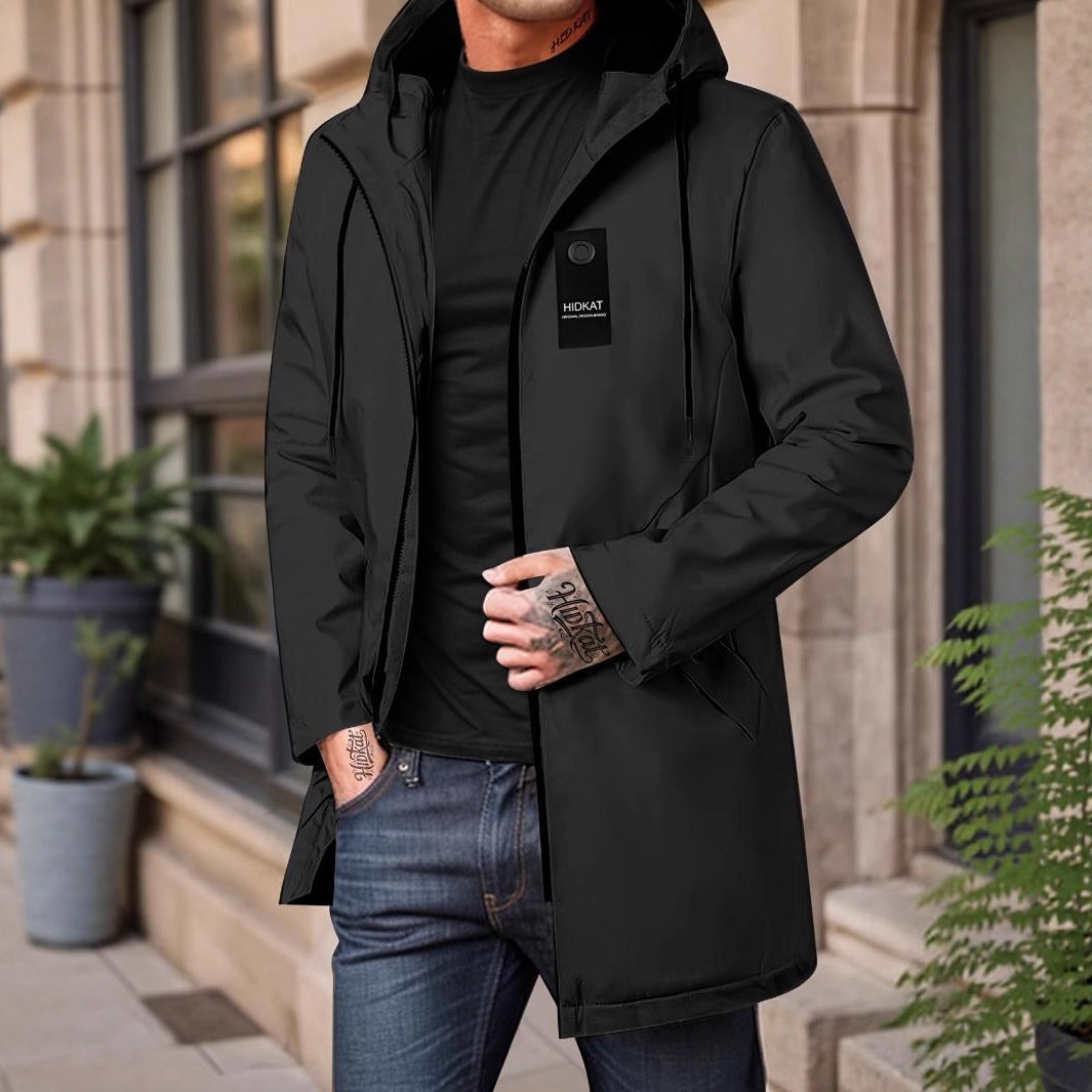 Mid-length Men's Hooded Casual Workwear Shell Jacket Windproof Jacket Size XS - 3XL