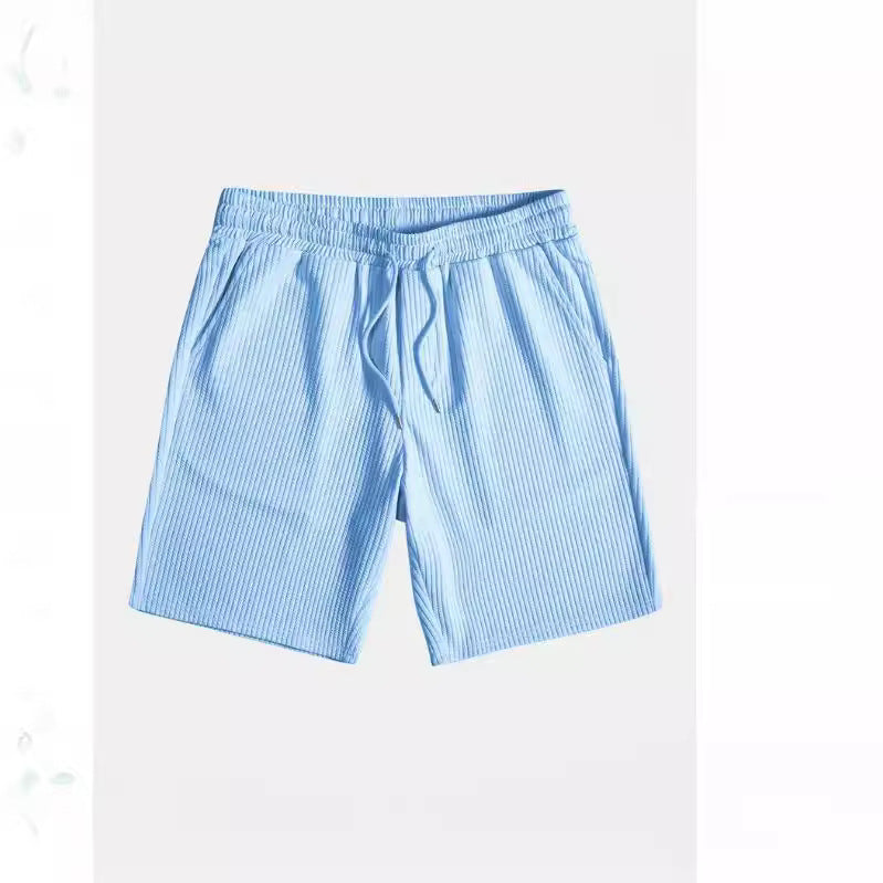 Men's Casual Loose Multi-color Beachwear Sunken Stripe Short Sleeve Shorts Two-piece Set Size S - XXL