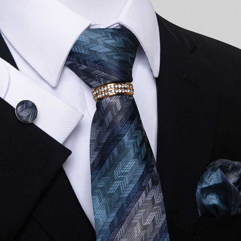 Multi Colored Striped Floral Mens Tie with Pocket Towel, Cufflinks and Tie Ring