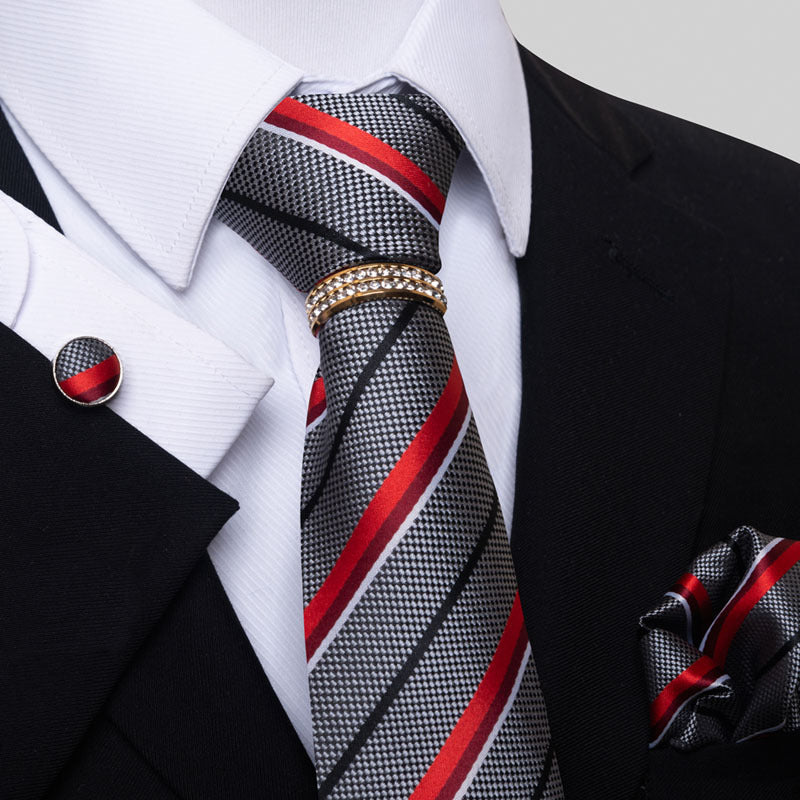 Multi Colored Striped Floral Mens Tie with Pocket Towel, Cufflinks and Tie Ring