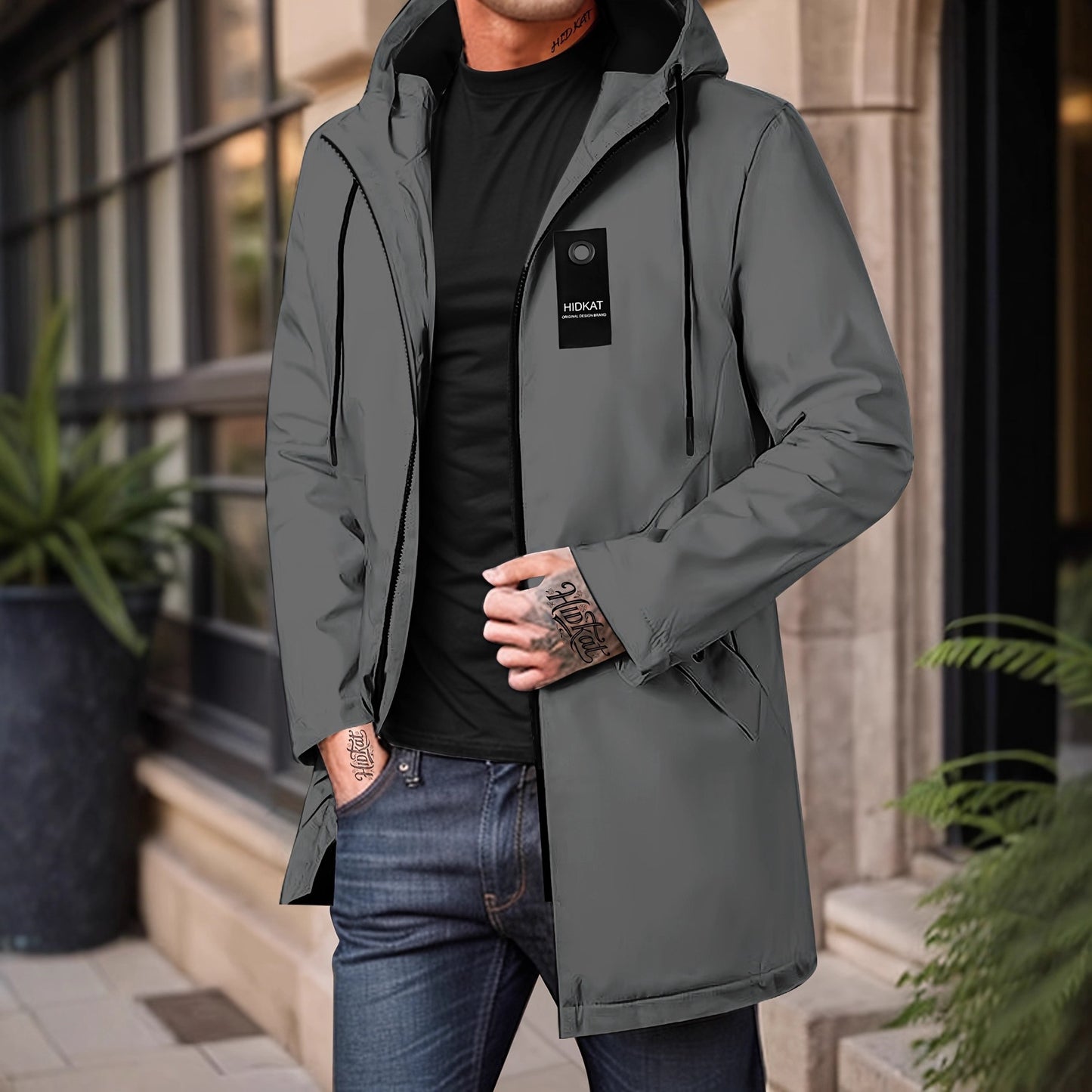 Mid-length Men's Hooded Casual Workwear Shell Jacket Windproof Jacket Size XS - 3XL