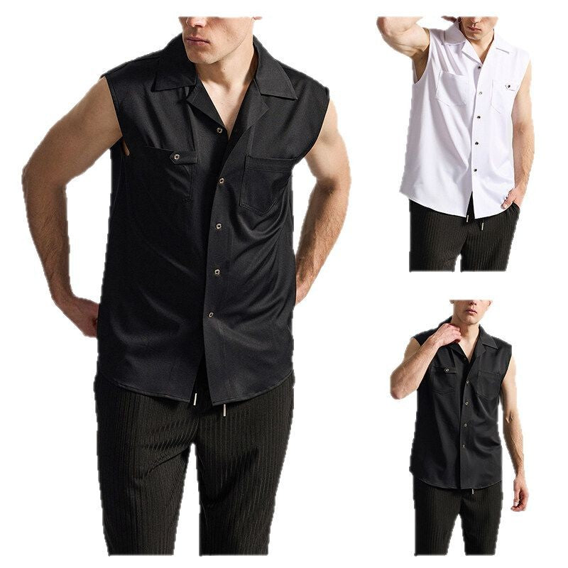 Men's Sleeveless Lapel Shirt European Fashion Brand Size: S,M,L,XL,2XL