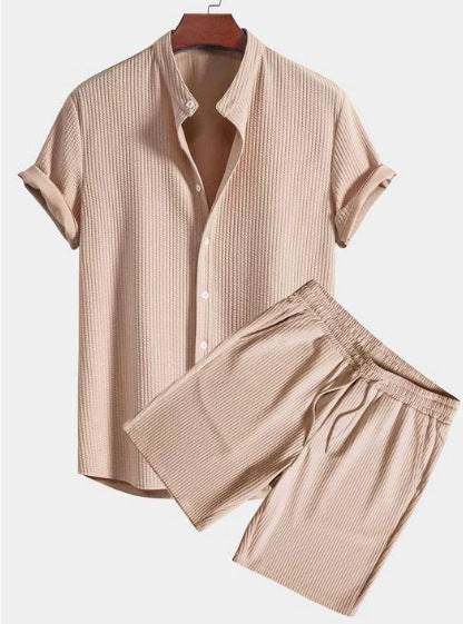 Men's Casual Loose Multi-color Beachwear Sunken Stripe Short Sleeve Shorts Two-piece Set Size S - XXL
