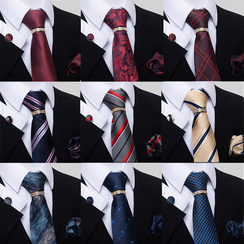 Multi Colored Striped Floral Mens Tie with Pocket Towel, Cufflinks and Tie Ring