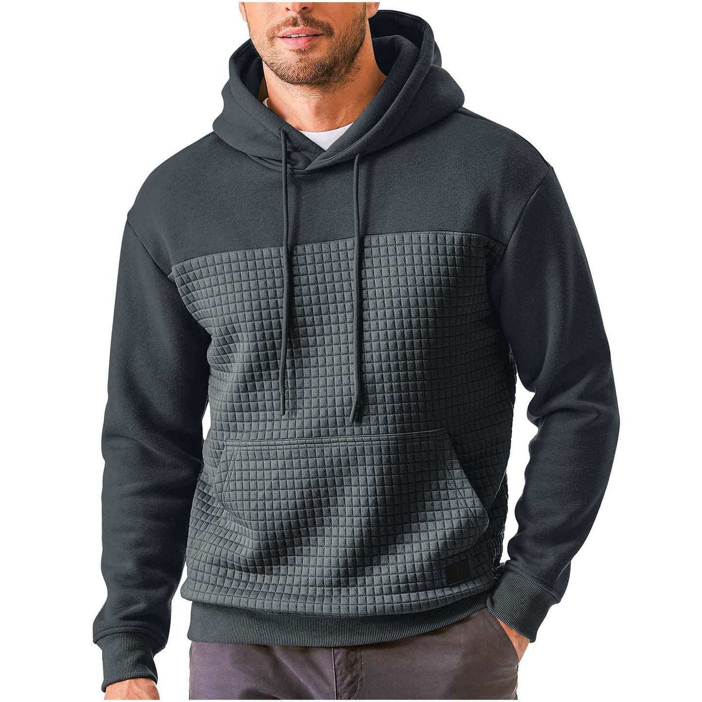 Mens Casual Sporty Fleece-Lined Hooded Patchwork Plaid Sweatshirt Jacket Size: S - 3XL
