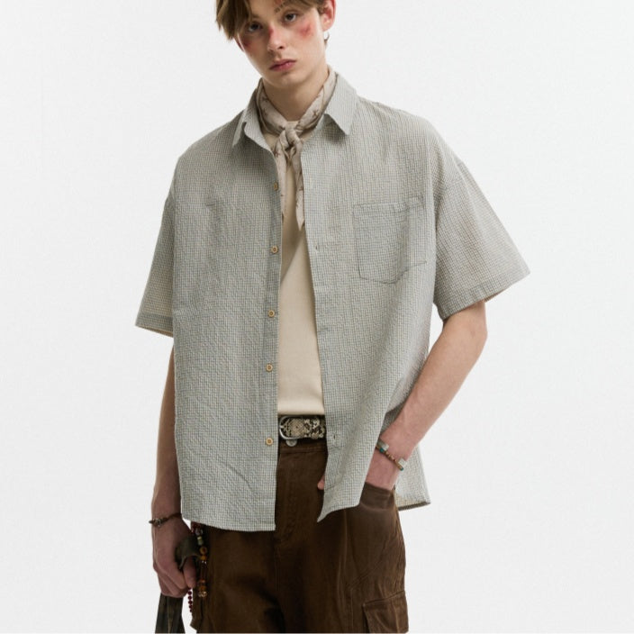 Seersucker Lapel Plaid Shirt Summer Casual Loose Size: S, M, L, XL,2XL