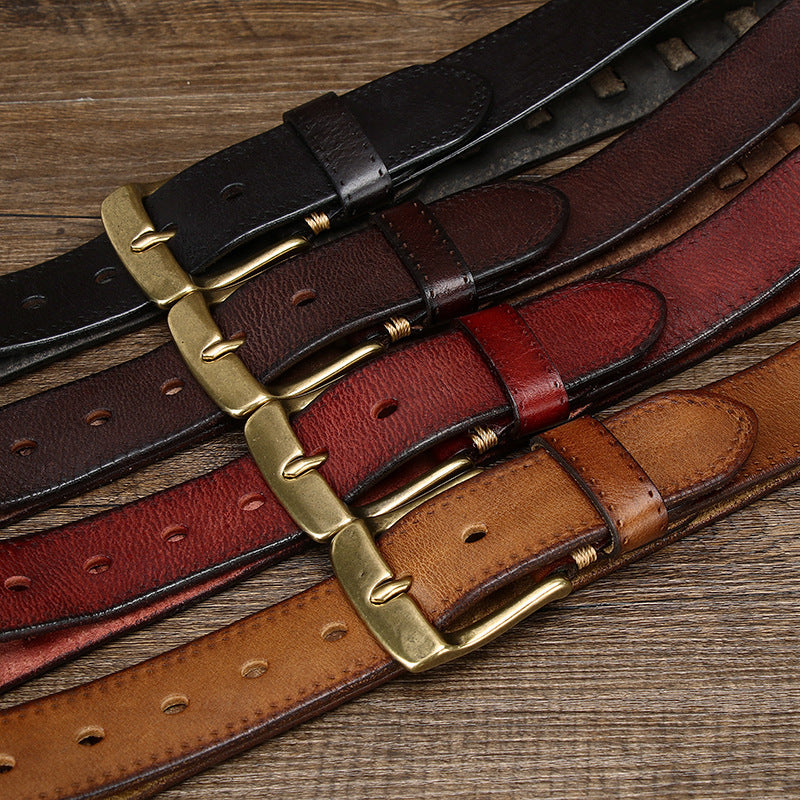 Retro Men's Belt In Genuine Leather With Brass Buckle, Length: 100cm-130cm