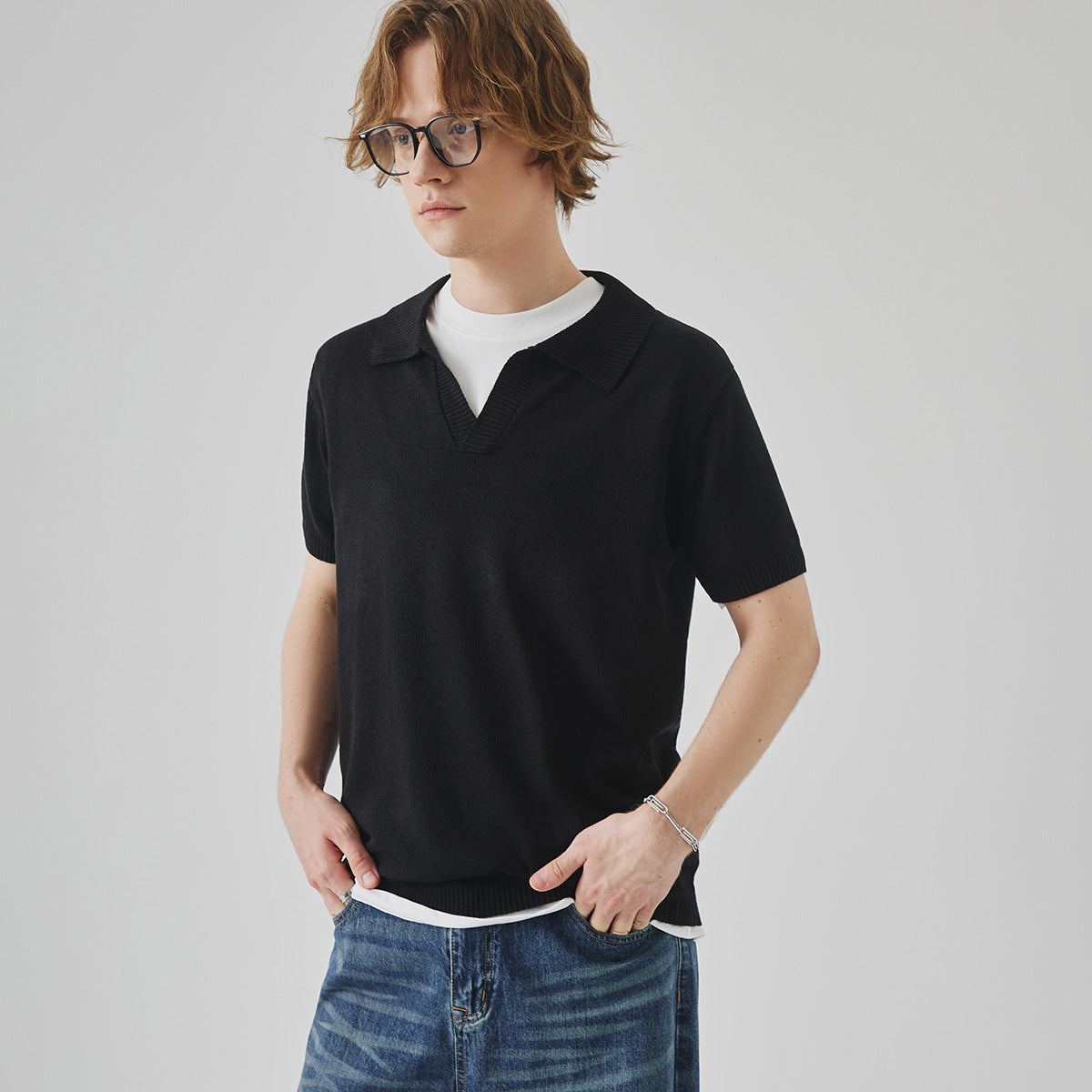 Summer Knitted Short-sleeved High-grade Solid Color Polo Collar Casual T-shirt