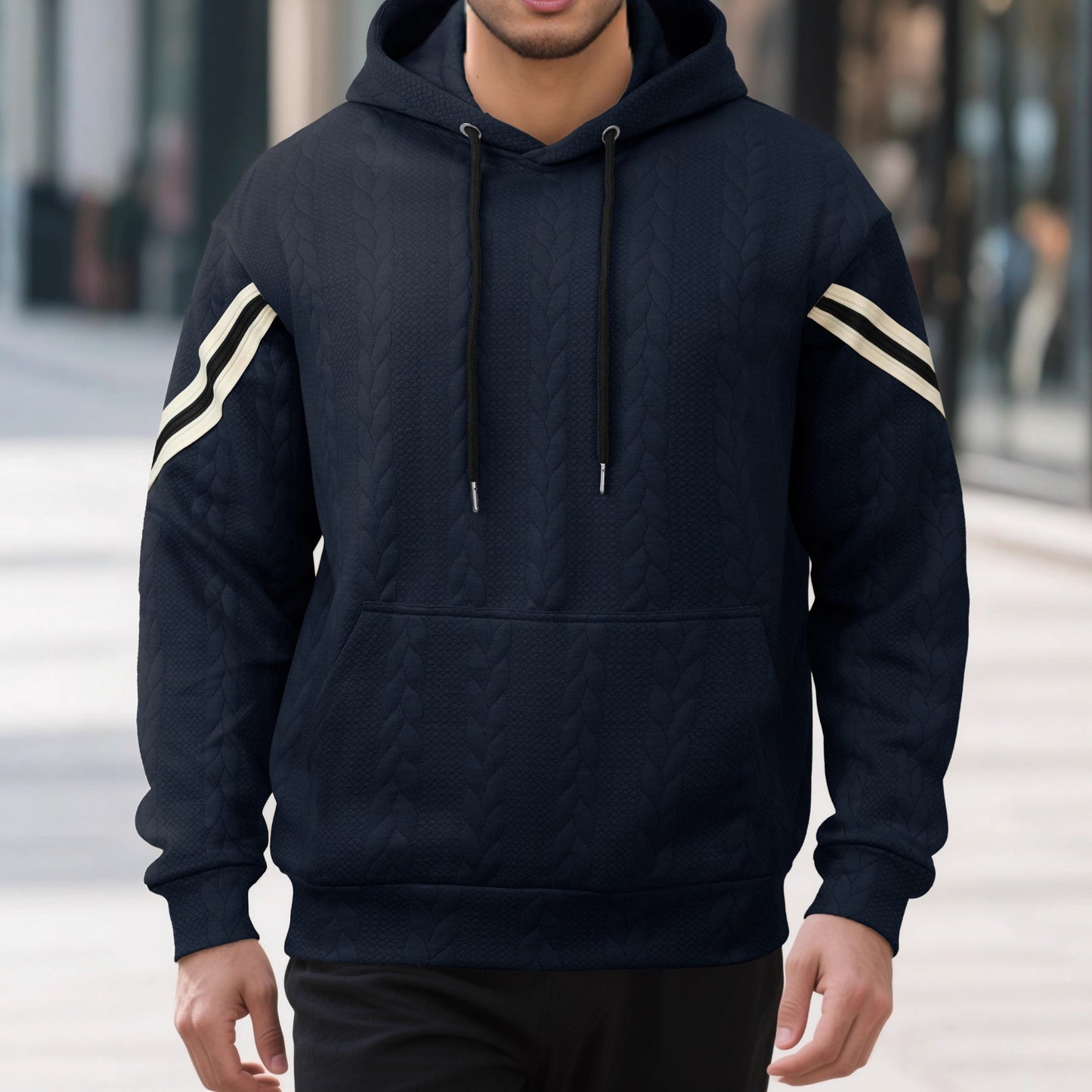 Jacquard-woven Thermal Outdoor Sports Trendy Hooded Hoodie For Men Size: S - 3XL